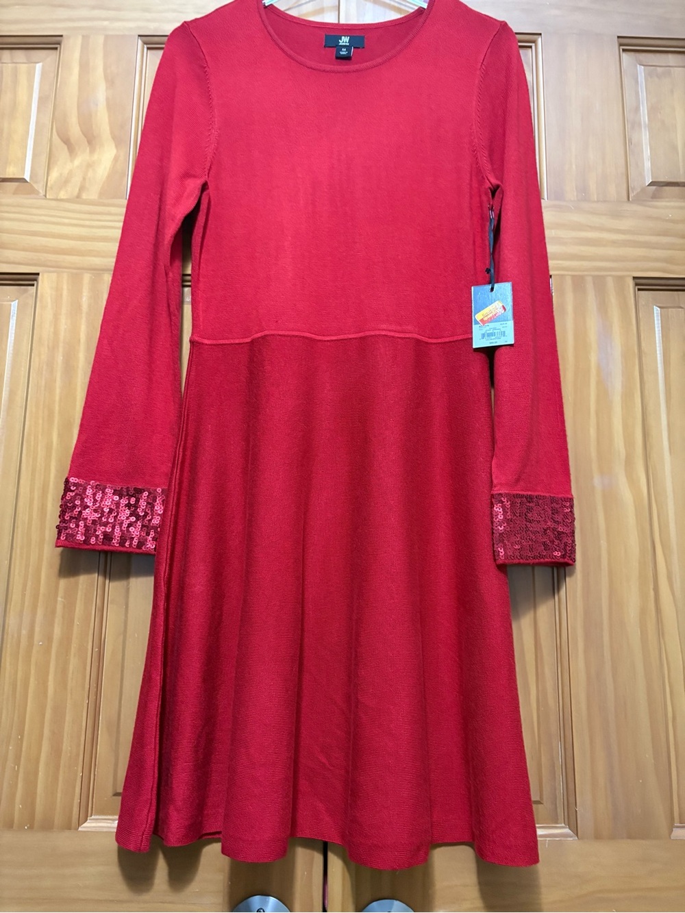 Jason Wu Red Long-Sleeve Sequin Cuff Knit Dress Size Medium NWT